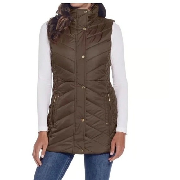 Weatherproof Brown Gold Hardware Quilted Puffer Vest Sleeveless Jacket Coat L/G - Picture 1 of 10